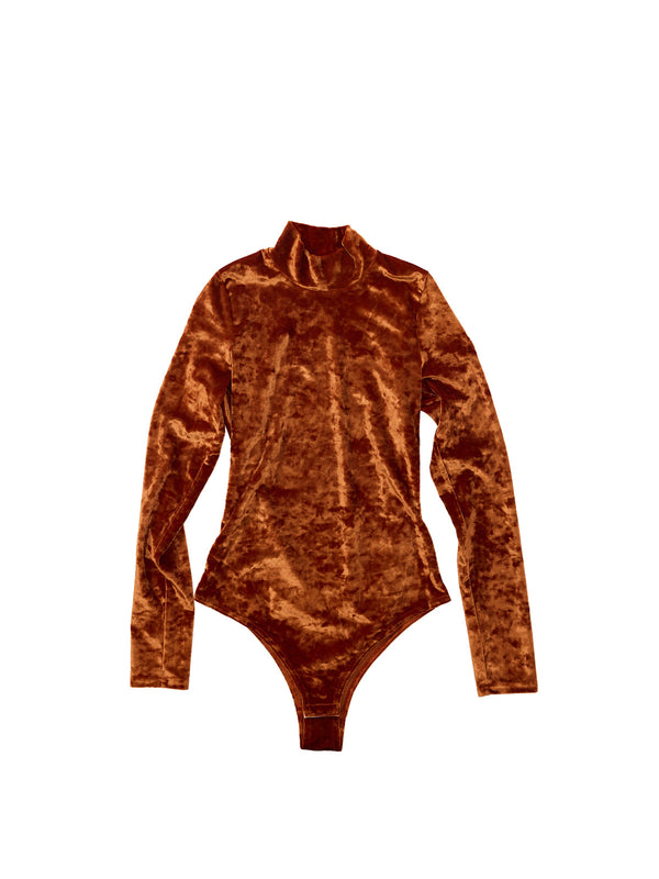Simone Wild High Neck Bodysuit Crushed Velvet Rust