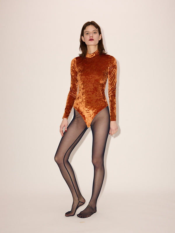 simone wild High Neck Bodysuit Crushed Velvet Rust