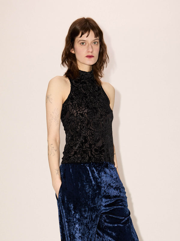 Simone Wild High Neck Top Rose Devore Black