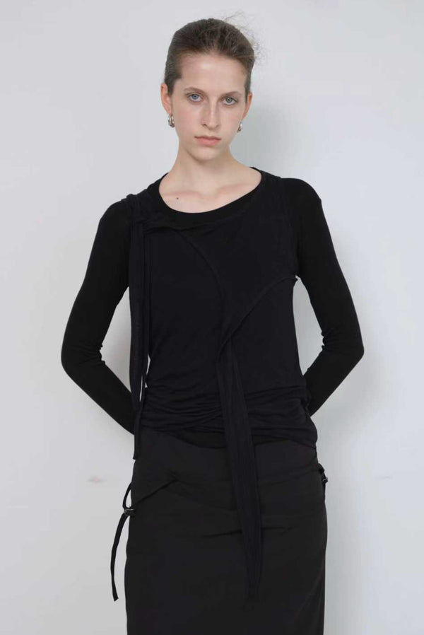 Simonett Asymmetrical Draped Tie Layered Long Sleeve Top - Black