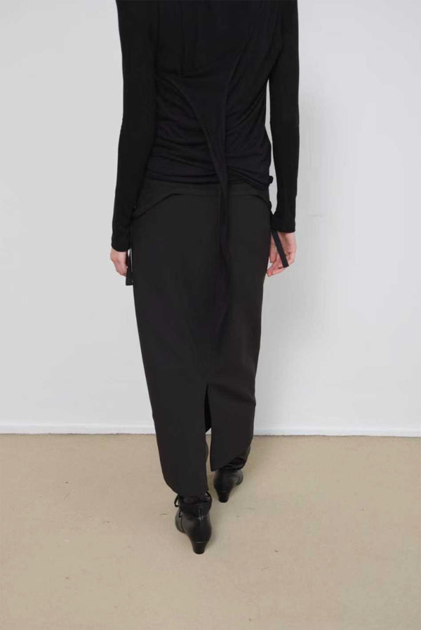 Simonett Asymmetrical Draped Tie Layered Long Sleeve Top - Black