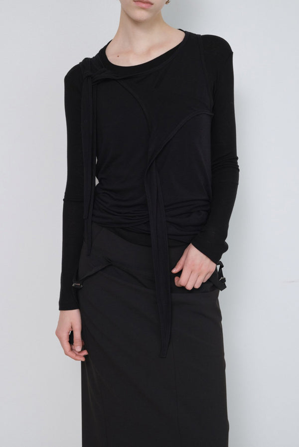 simonett Asymmetrical Draped Tie Layered Long Sleeve Top - Black