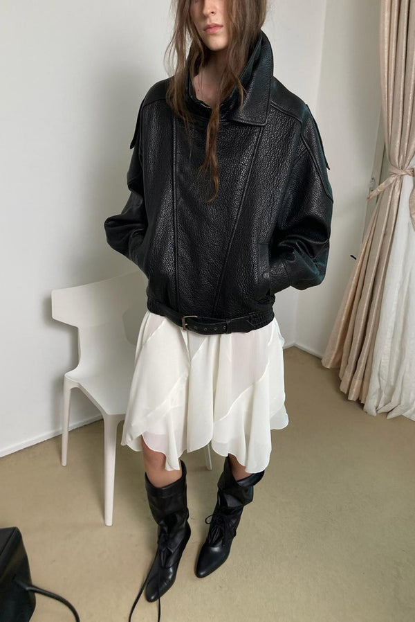 Simonett High-Collar Oversized Pebbled Leather Jacket - Black