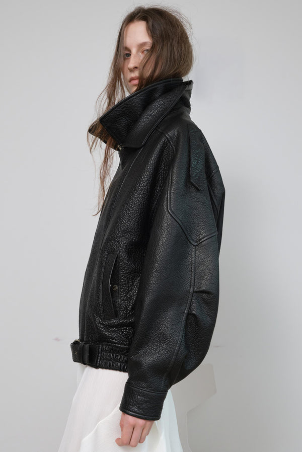 Simonett High-Collar Oversized Pebbled Leather Jacket - Black
