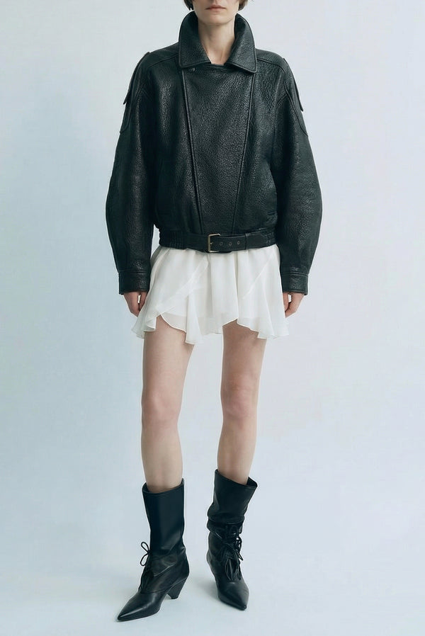 Simonett High-Collar Oversized Pebbled Leather Jacket - Black
