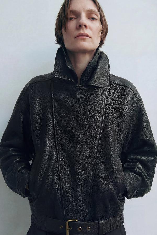 simonett High-Collar Oversized Pebbled Leather Jacket - Black