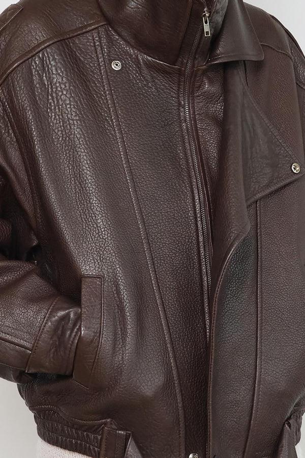Simonett High-Collar Oversized Pebbled Leather Jacket - Brown