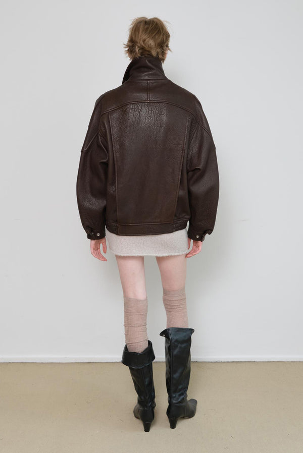 Simonett High-Collar Oversized Pebbled Leather Jacket - Brown