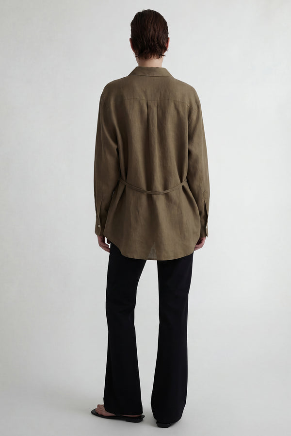 Simonett Linen Long Sleeve Button Up Flow Blouse - Khaki/Olive