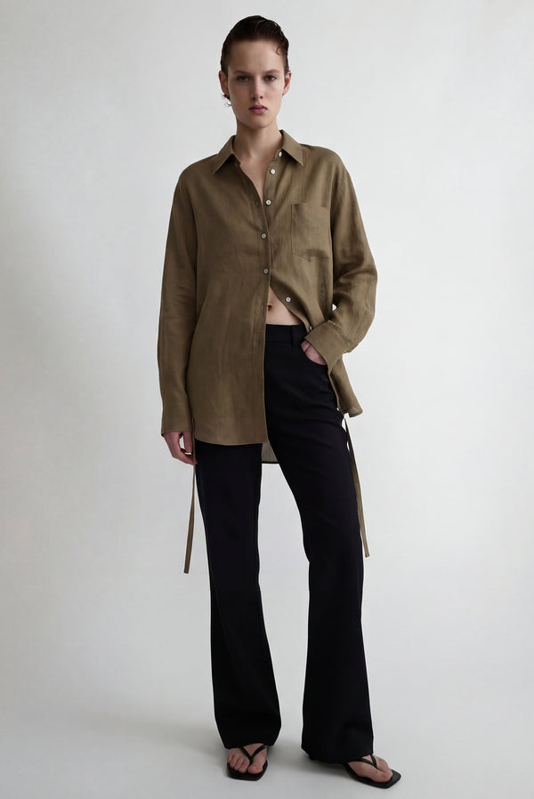 simonett Linen Long Sleeve Button Up Flow Blouse - Khaki/Olive