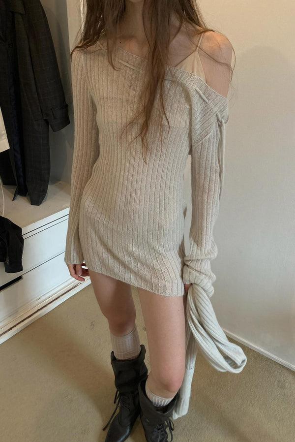 simonett Off-Shoulder Ribbed Knit Long Sleeve Mini Dress