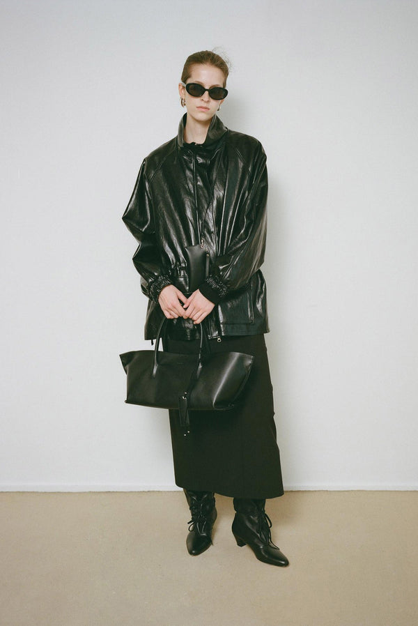 Simonett Oversized Cinched Waist Leather Jacket - Black