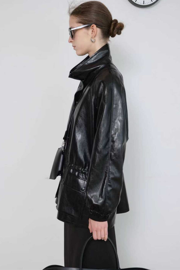 Simonett Oversized Cinched Waist Leather Jacket - Black