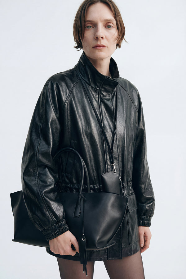 simonett Oversized Cinched Waist Leather Jacket - Black