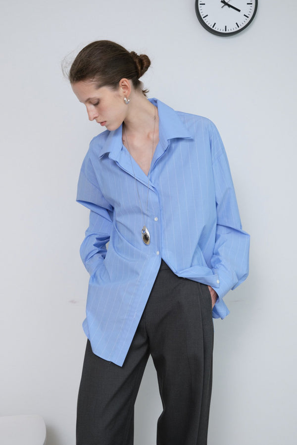 Simonett Oversized Double-Collar Pinstripe Button-Up Shirt - Blue
