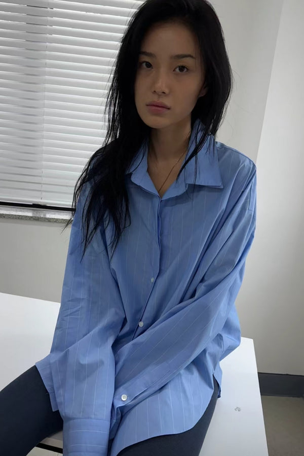 Simonett Oversized Double-Collar Pinstripe Button-Up Shirt - Blue