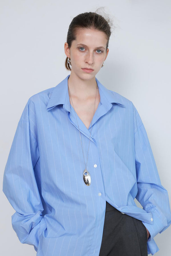 simonett Oversized Double-Collar Pinstripe Button-Up Shirt - Blue