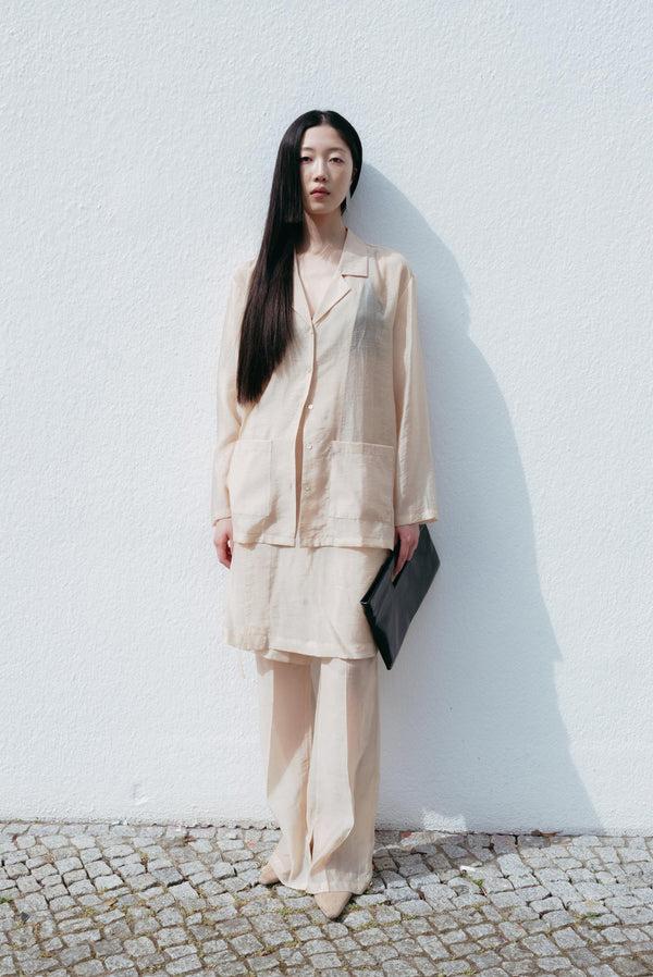 simonett Oversized Sheer Collared Shirt With Pockets - Beige