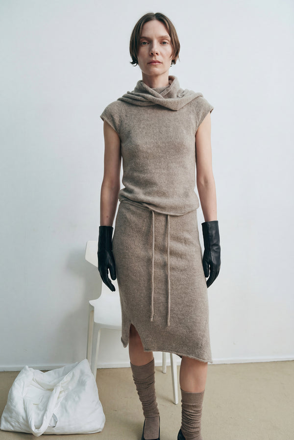 simonett Knit Midi Skirt with Side Slit - Beige