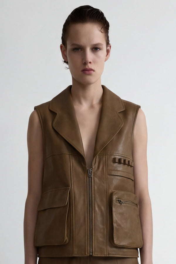 Simonett Leather Utility Vest - Brown