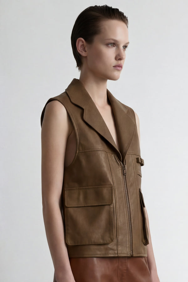 simonett Leather Utility Vest - Brown