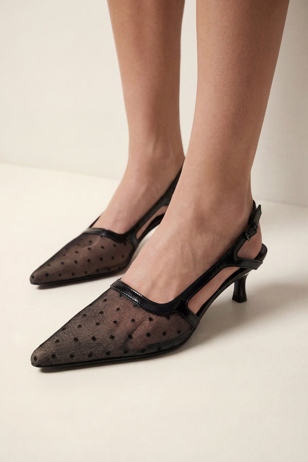 Simonett Mesh Point Toe Sling Back Mules - Polka Dot