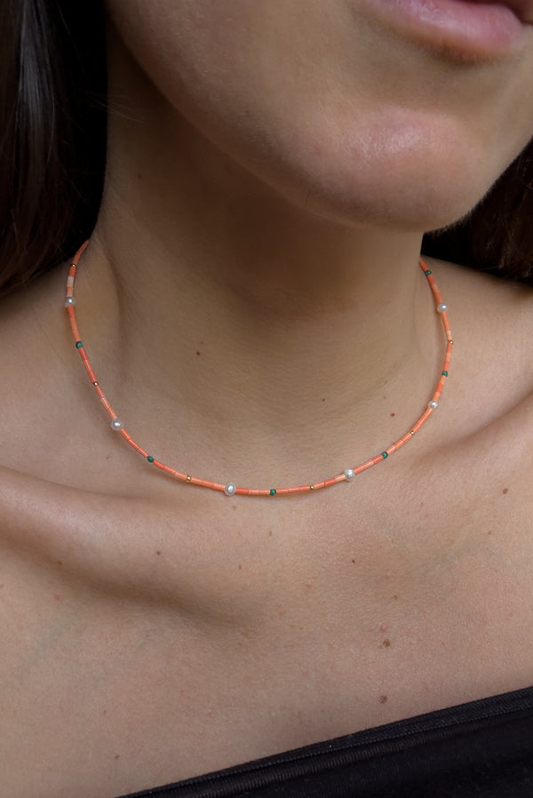 simonett Orange Bead & Pearl Necklace