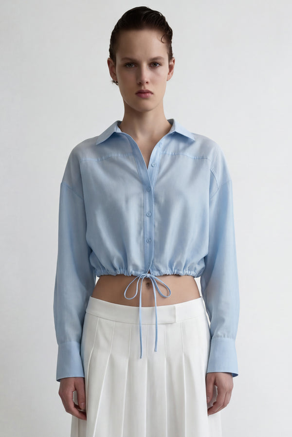 simonett Sheer Drawstring Crop Blouse - Blue