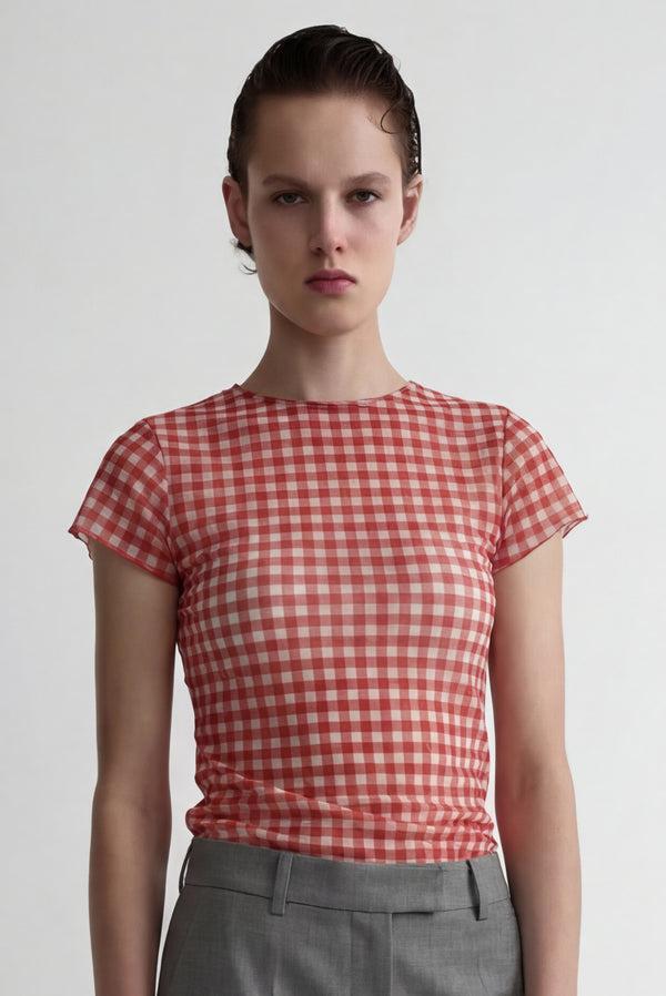 Simonett Sheer Gingham Ruched Top - Red