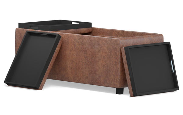 Simpli Home 3 Trays Ottoman In Distressed Vegan Leather