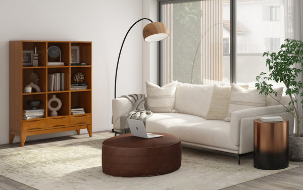 Simpli Home 32 Inch Round Coffee Table Pouf In Distressed Dark Brown