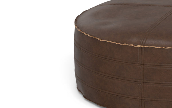 Simpli Home 32 Inch Round Coffee Table Pouf In Distressed Dark Brown