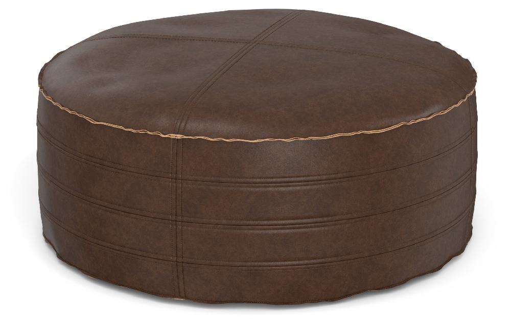simpli home 32 inch Round Coffee Table Pouf in Distressed Dark Brown