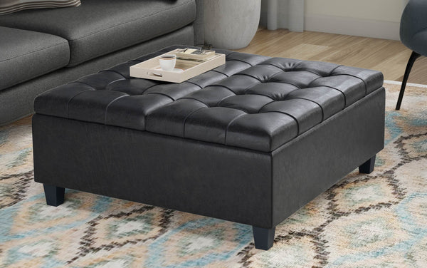 Simpli Home Coffee Table Storage Ottoman In Distressed Graphite Black