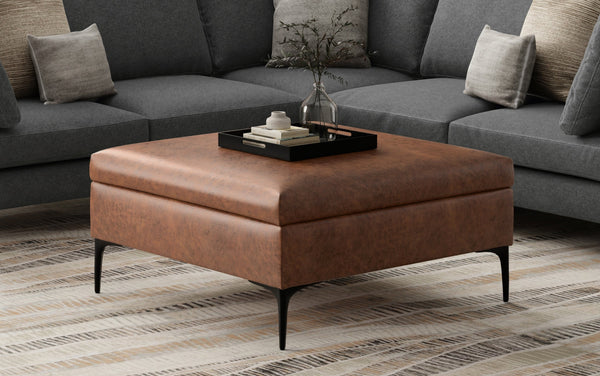 Simpli Home Coffee Table Storage Ottoman With Lift Up Lid In Distressed Vegan Leather