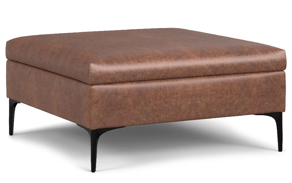 simpli home Coffee Table Storage Ottoman with Lift Up Lid in Distressed Vegan Leather