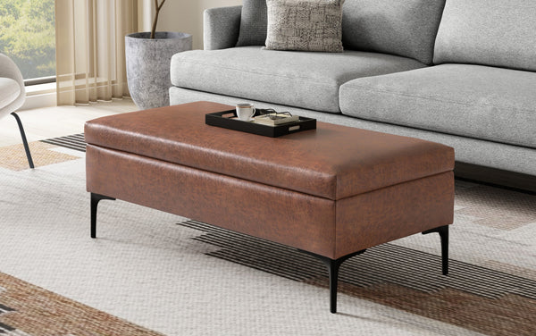 Simpli Home Large Coffee Table Storage Ottoman With Lift Up Lid In Distressed Vegan Leather