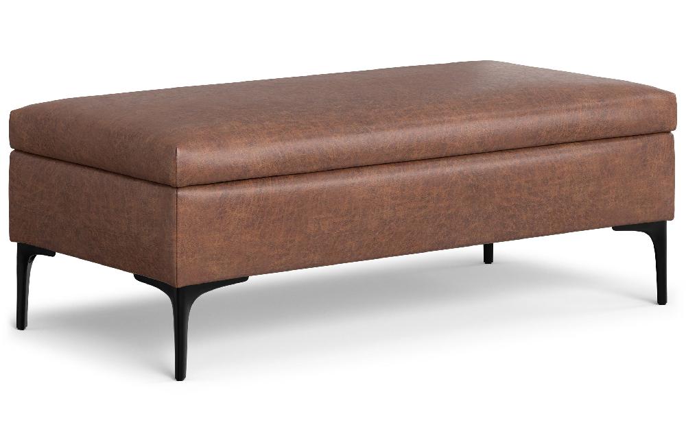 simpli home Large Coffee Table Storage Ottoman with Lift up Lid in Distressed Vegan Leather