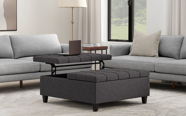 Simpli Home Large Square Coffee Table Storage Ottoman In Linen
