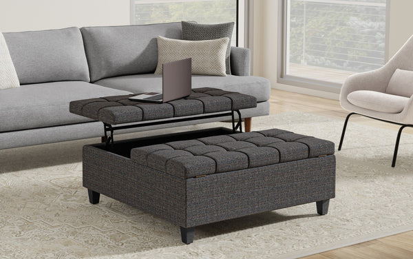 Simpli Home Large Square Coffee Table Storage Ottoman In Tweed Style Fabric