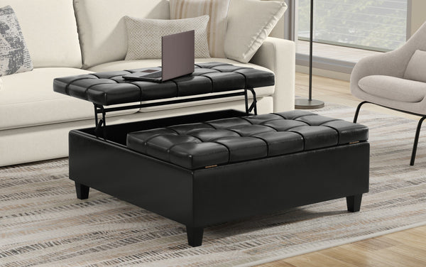 Simpli Home Large Square Coffee Table Storage Ottoman In Vegan Leather