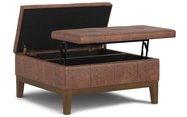 Simpli Home Lift Top Coffee Table Storage Ottoman In Distressed Vegan Leather