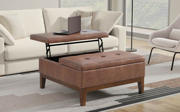 Simpli Home Lift Top Coffee Table Storage Ottoman In Distressed Vegan Leather