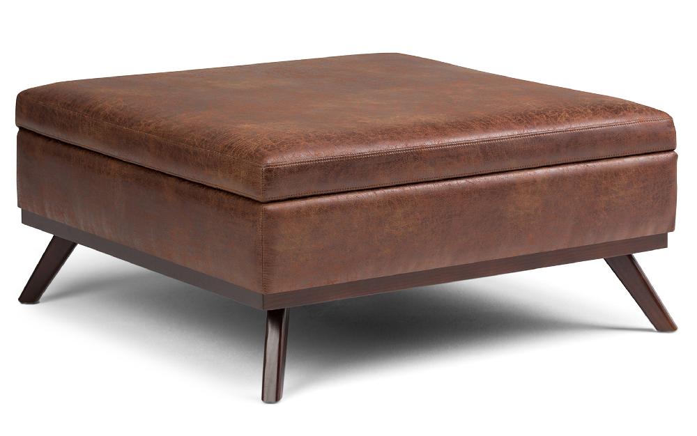 simpli home Medium Square Table Ottoman in Distressed Vegan Leather