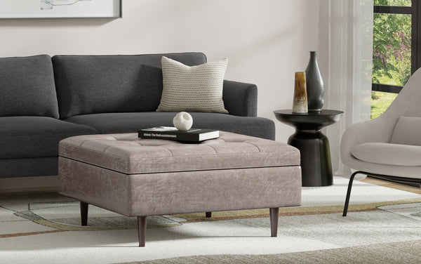 Simpli Home Mid Century Large Square Coffee Table Storage Ottoman In Distressed Grey Taupe