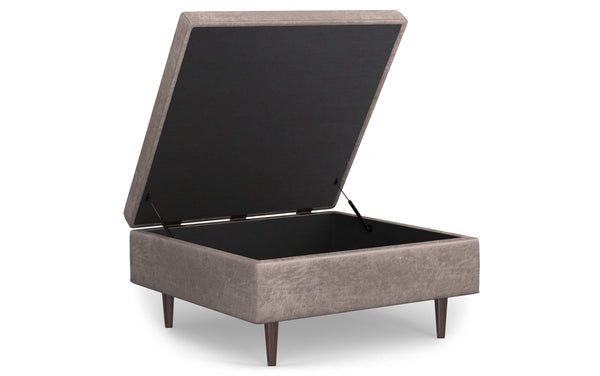 Simpli Home Mid Century Large Square Coffee Table Storage Ottoman In Distressed Grey Taupe