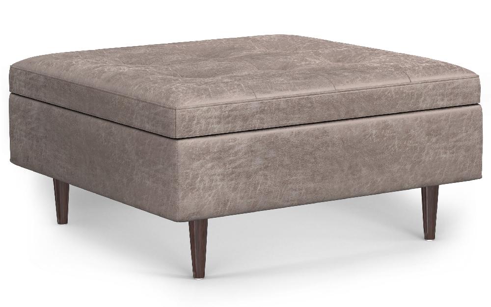 simpli home Mid Century Large Square Coffee Table Storage Ottoman in Distressed Grey Taupe