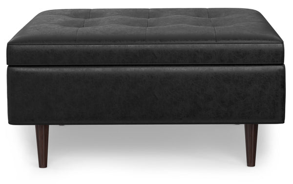 Simpli Home Mid Century Large Square Coffee Table Storage Ottoman In Distressed Black