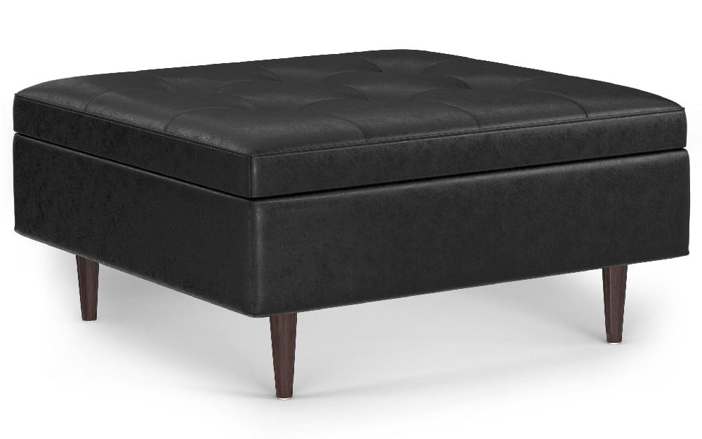 simpli home Mid Century Large Square Coffee Table Storage Ottoman in Distressed Black