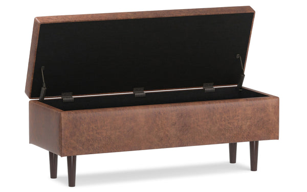 Simpli Home Mid Century Rectangular Storage Ottoman In Distressed Saddle Brown